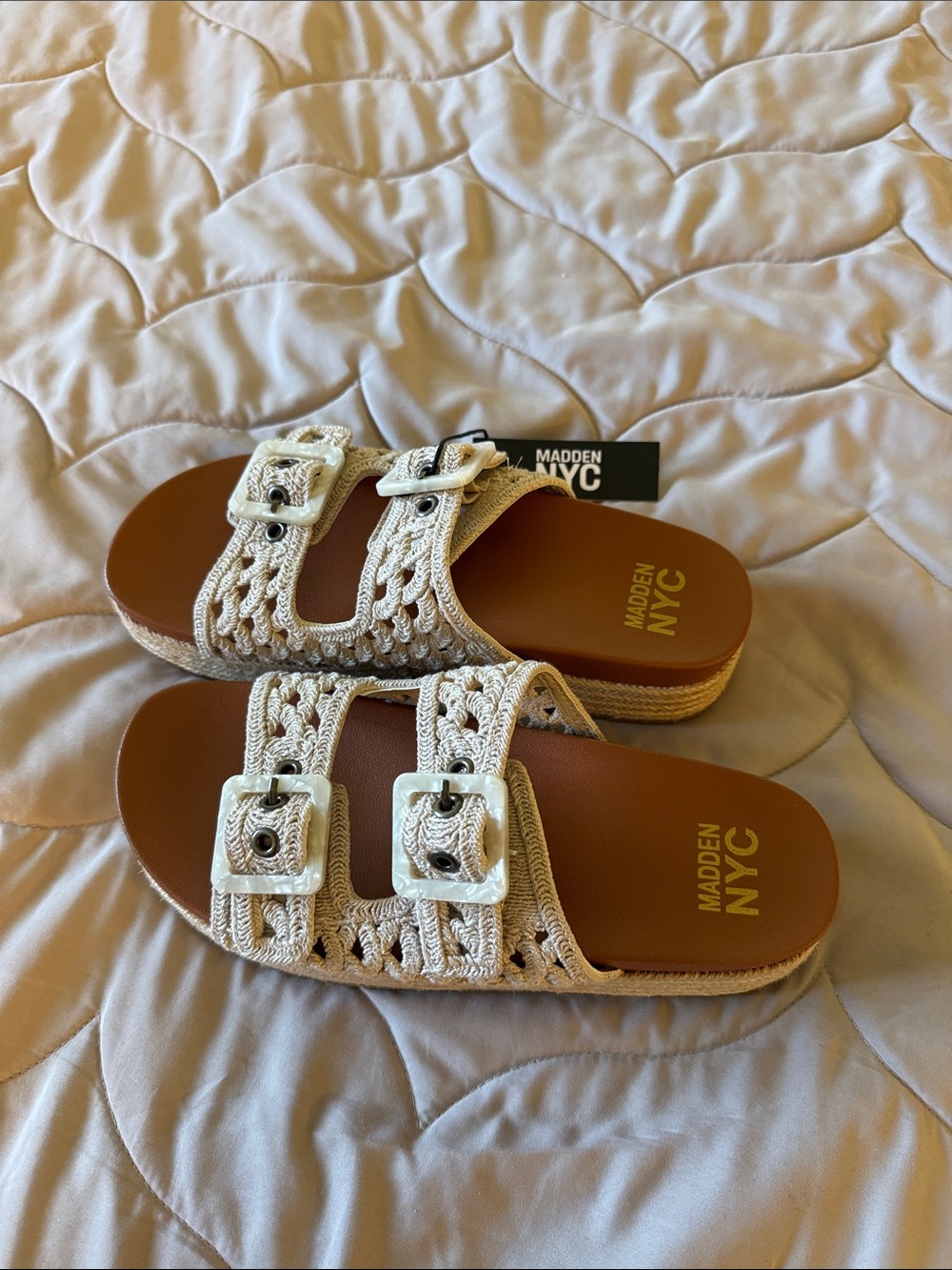 Madden NYC Women's Cream Crochet Double-Buckle Slide Sandals